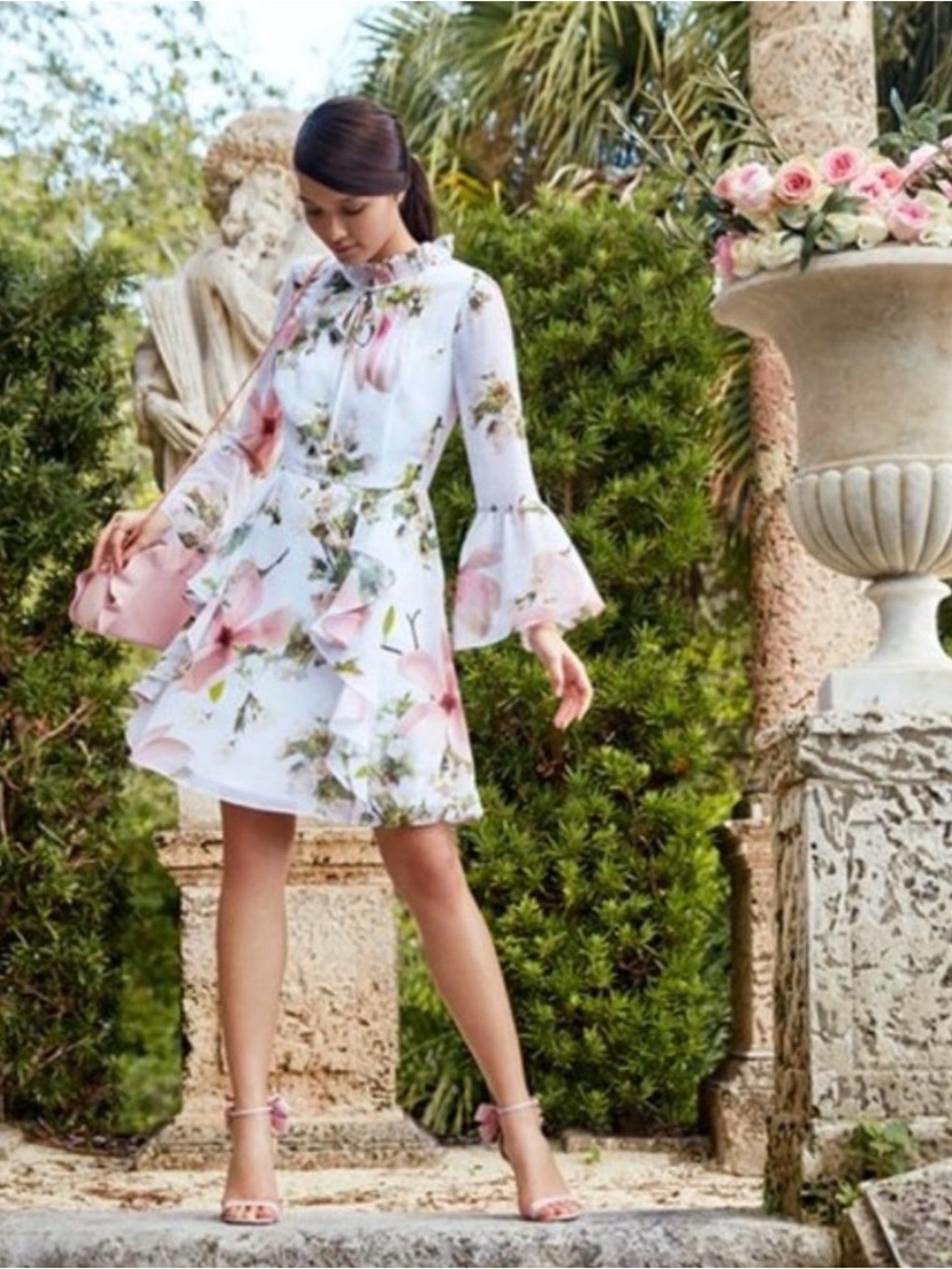 Ted Baker Beccaa Harmony Ruffle Bow Neck Dress Floral Print SZ 2 (US 6)